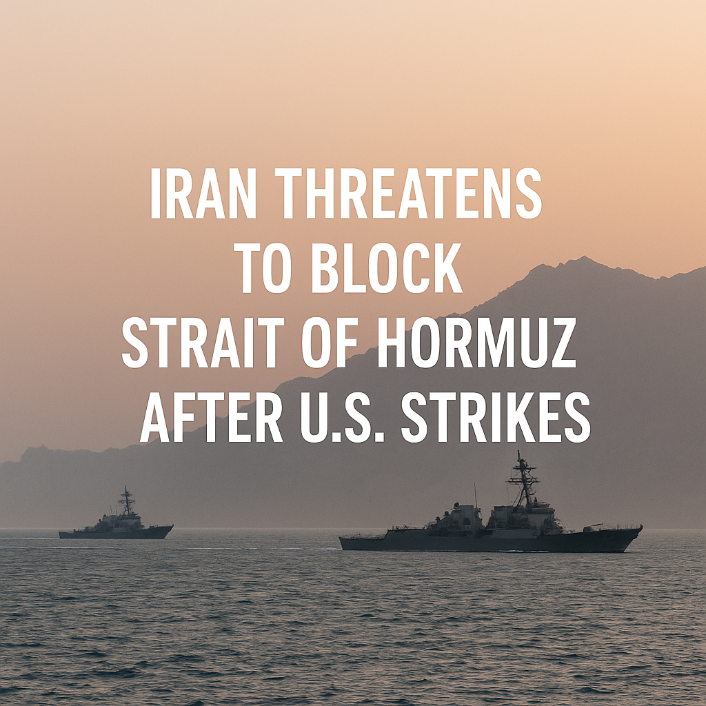 Two navy warships patrol the calm waters of the Strait of Hormuz at dusk, with rugged Iranian mountains in the background and a headline overlay stating "Iran threatens to block Strait of Hormuz after U.S. strikes."